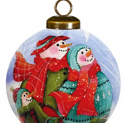 Homezia Snowman Family Bless Our Family Wordings Hand Painted Mouth Blown Glass Ornament In Multi
