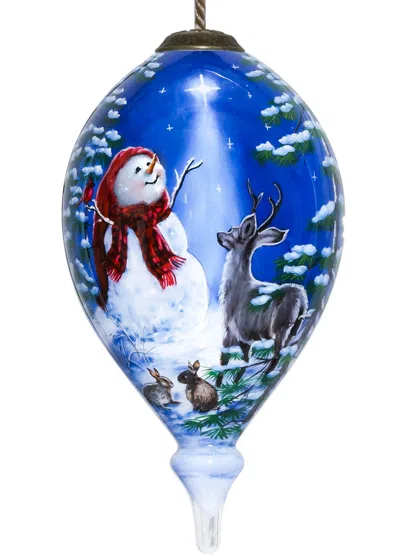 Homezia Starry Heaven And Snowman Hand Painted Mouth Blown Glass Ornament In Blue