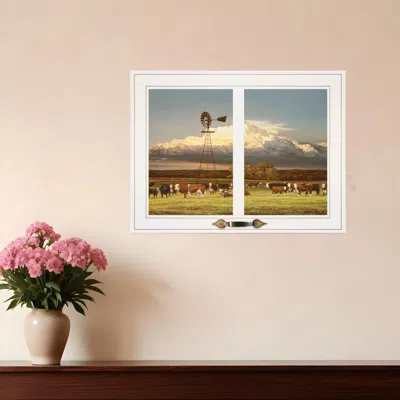 Homezia Summer Pastures Holstein Cows With Windmill 1 White Framed Print Wall Art