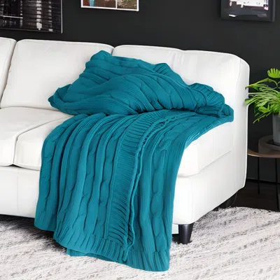 Homezia Teal Blue Knitted 100% Cotton Throw Blanket