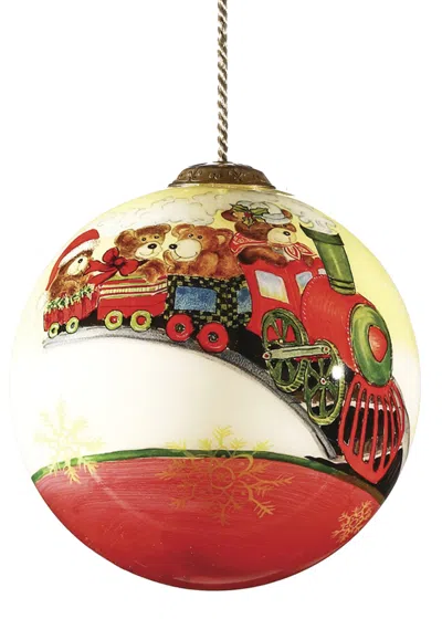 Homezia Teddy On Toy Train Hand Painted Mouth Blown Glass Ornament In Red