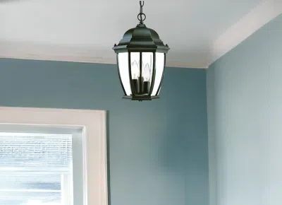 Homezia Three Light Matte Black Wide Lantern Hanging Light In Brown