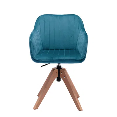 Homezia Tufted Teal Blue And Natural Velvet And Wood Dining Arm Chair