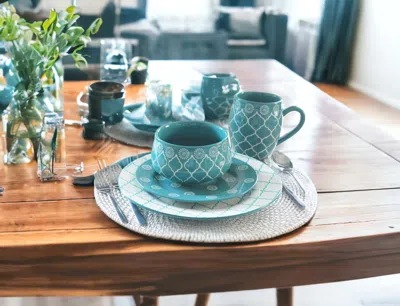 Homezia Turquoise Sixteen Piece Round Trellis Ceramic Service For Four Dinnerware Set In Multi
