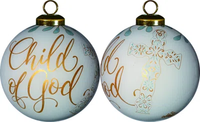 Homezia White And Gold Child Of God Hand Painted Mouth Blown Glass Ornament In Blue
