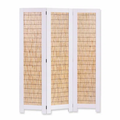 Homezia White And Natural Three Panel Room Divider Screen