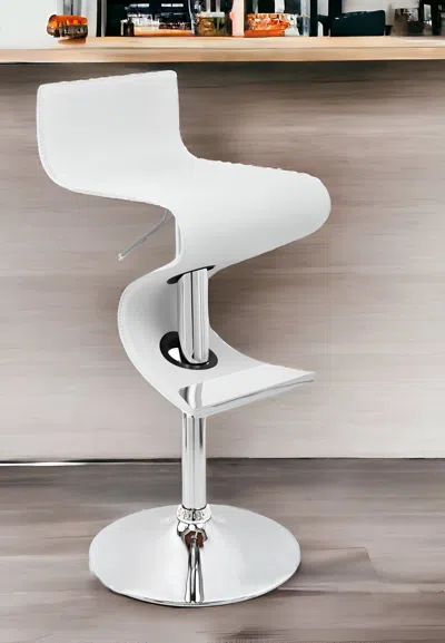 Homezia White And Silver Faux Leather And Metal Low Back Adjustable Height Bar Chair