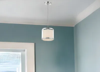 Homezia White And Silver Hanging Light With Fabric Shade In Metallic