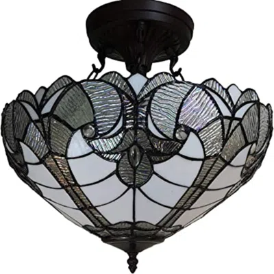 Homezia Yellow And Brown Two Light Tiffany Style Semi Flush Dimmable Ceiling Light In Black