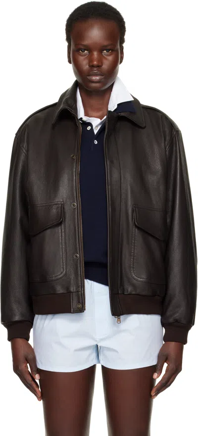 Hommegirls Brown Oversized Leather Bomber Jacket In Dark Brown