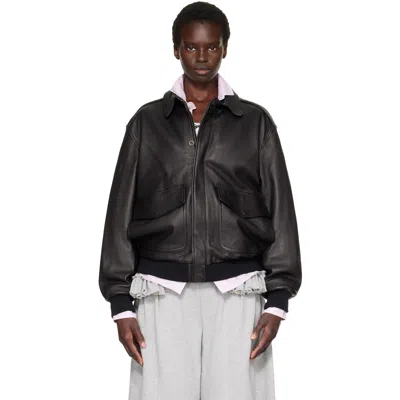 Hommegirls Brown Zip Leather Bomber Jacket In Black