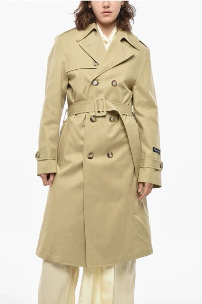 Hommegirls Double-breasted Cotton Trench Coat With Belt In Neutral
