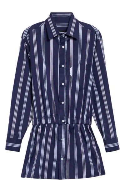 Hommegirls Stripe Long Sleeve Cotton Mini Shirtdress In Blue