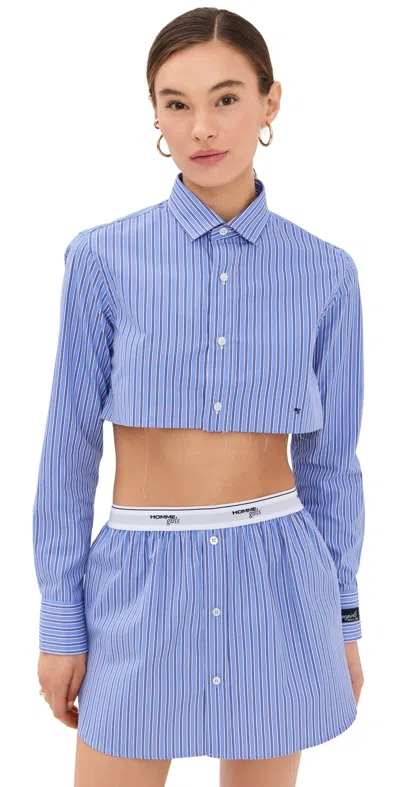 Hommegirls Cropped Striped Poplin Shirt In Blue White (blue)