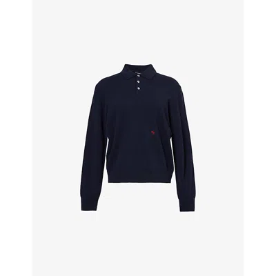 Hommegirls Womens Navy Embroidered-logo Long-sleeve Wool Knitted Polo Shirt