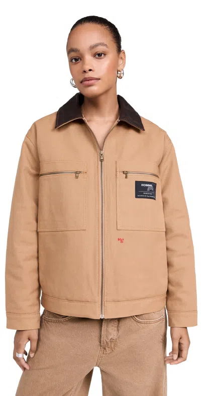 Hommegirls Logo-embroidered Cotton Work Jacket In Khaki