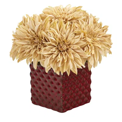 Homplanti 11" Dahlia Artificial Arrangement In Red Ceramic Cube In Burgundy
