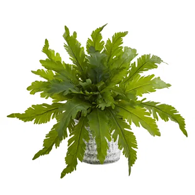 Homplanti 11" Fern Artificial Plant In Vintage Hanging Planter In Green