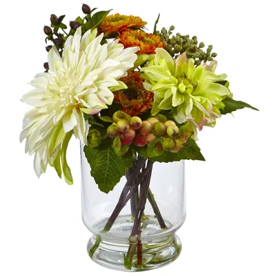 Homplanti 12" Mixed Dahlia And Mum With Glass Vase