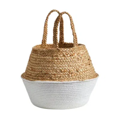 Homplanti 14" Boho Chic Handmade Cotton & Jute White Woven Basket In Blue