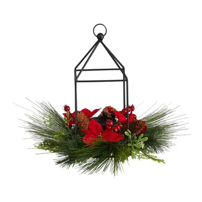 Homplanti 14" Christmas Poinsettia And Berry Metal Candle Holder