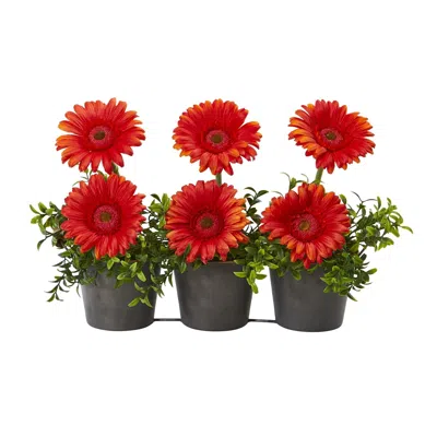 Homplanti 14" Gerber Daisy Artificial Arrangement In Trio Metal Vase In Blue