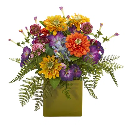Homplanti 14" Mixed Floral Artificial Arrangement In Green Vase