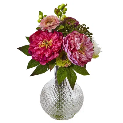 Homplanti 14" Peony And Mum In Glass Vase