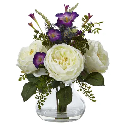 Homplanti 14.5" Rose And Morning Glory Arrangement With Vase White