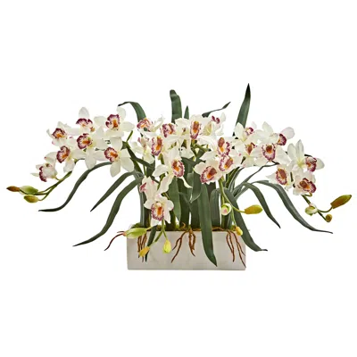 Homplanti 15" Cymbidium Artificial Arrangement In White Vase