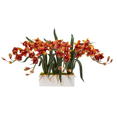 Homplanti 15" Cymbidium Artificial Arrangement In White Vase