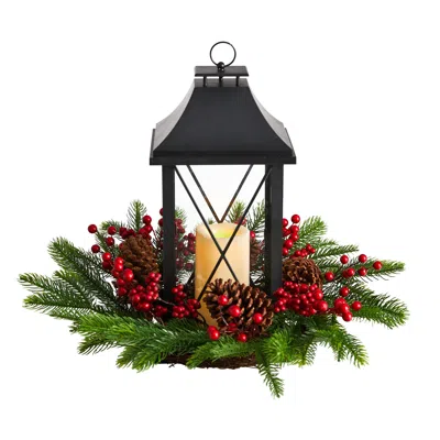 Homplanti 16" Christmas Lantern With Berries And Pinecones In Black