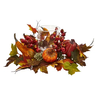 Homplanti 16" Pumpkin, Gourd, Berry And Maple Leaf Candelabrum In Red