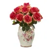 HOMPLANTI 16" ROSE ARTIFICIAL ARRANGEMENT IN FLOWER PRINT JAR