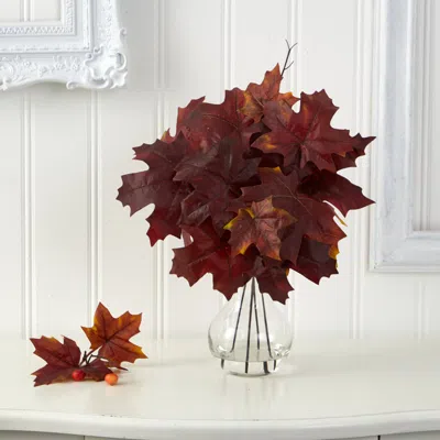 Homplanti 18" Autumn Maple Leaf Artificial Plant In Glass Planter