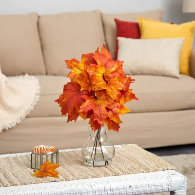 Homplanti 18" Autumn Maple Leaf Artificial Plant In Glass Planter