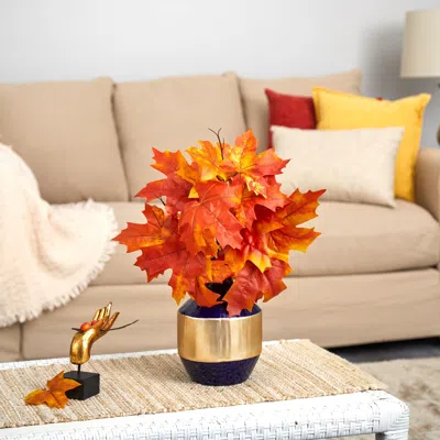 Homplanti 18" Autumn Maple Leaf Plant In Blue And Gold Planter