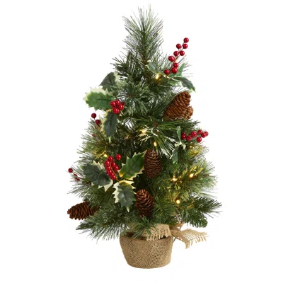 Homplanti 18" Pine Xmas Tree With Holly Berries, Cones And 35 Leds