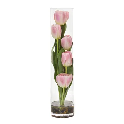 Homplanti 18" Tulips Artificial Arrangement In Cylinder Vase In Pink