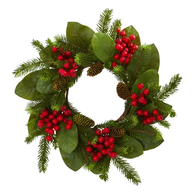 Homplanti 19" Magnolia Leaf Berry And Pine Artificial Wreath