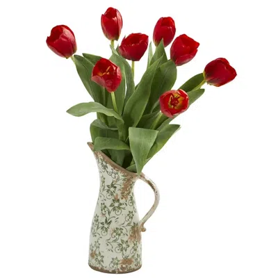 Homplanti 19" Tulip Artificial Arrangement In Floral Pitcher In Green