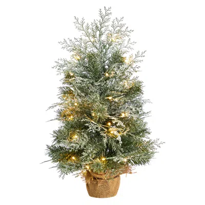 Homplanti 2' Frosted Xmas Tree With 35 Led Lights In Burlap Base In Green