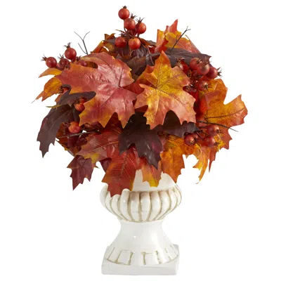 Homplanti 20" Autumn Maple Leaf And Berries Plant In White Urn