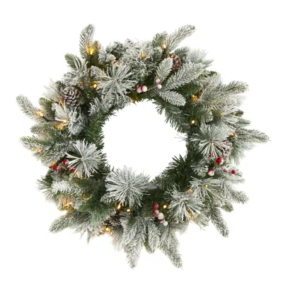 Homplanti 20" Flckd Wreath W/50 Leds, Pine Cones, Berries & 130 Tips