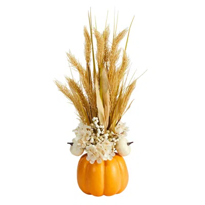 Homplanti 21" Dried Wheat And Pumpkin Arrangement In Pumpkin Vase