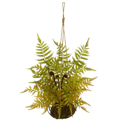 Homplanti 21" Fern Artificial Plant In Metal Hanging Basket In Green