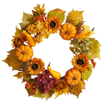 Homplanti 22" Autumn Sunflower Hydrangea And Pumpkin Wreath