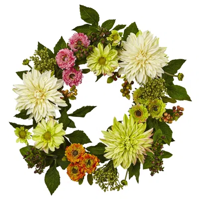 Homplanti 22" Mixed Dahlia And Mum Wreath In Green
