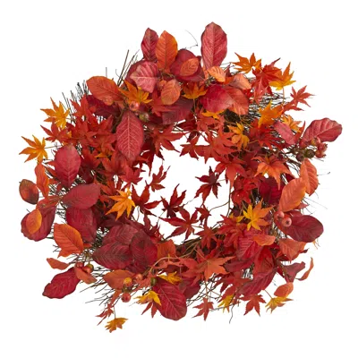 Homplanti 22"japanese Maplemagnolia Leaf Berries Artificial Wreath In Red