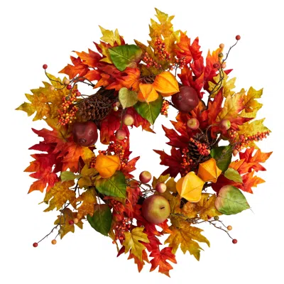 Homplanti 24" Autumn Maple Leaf And Berries Fall Artificial Wreath In Multi